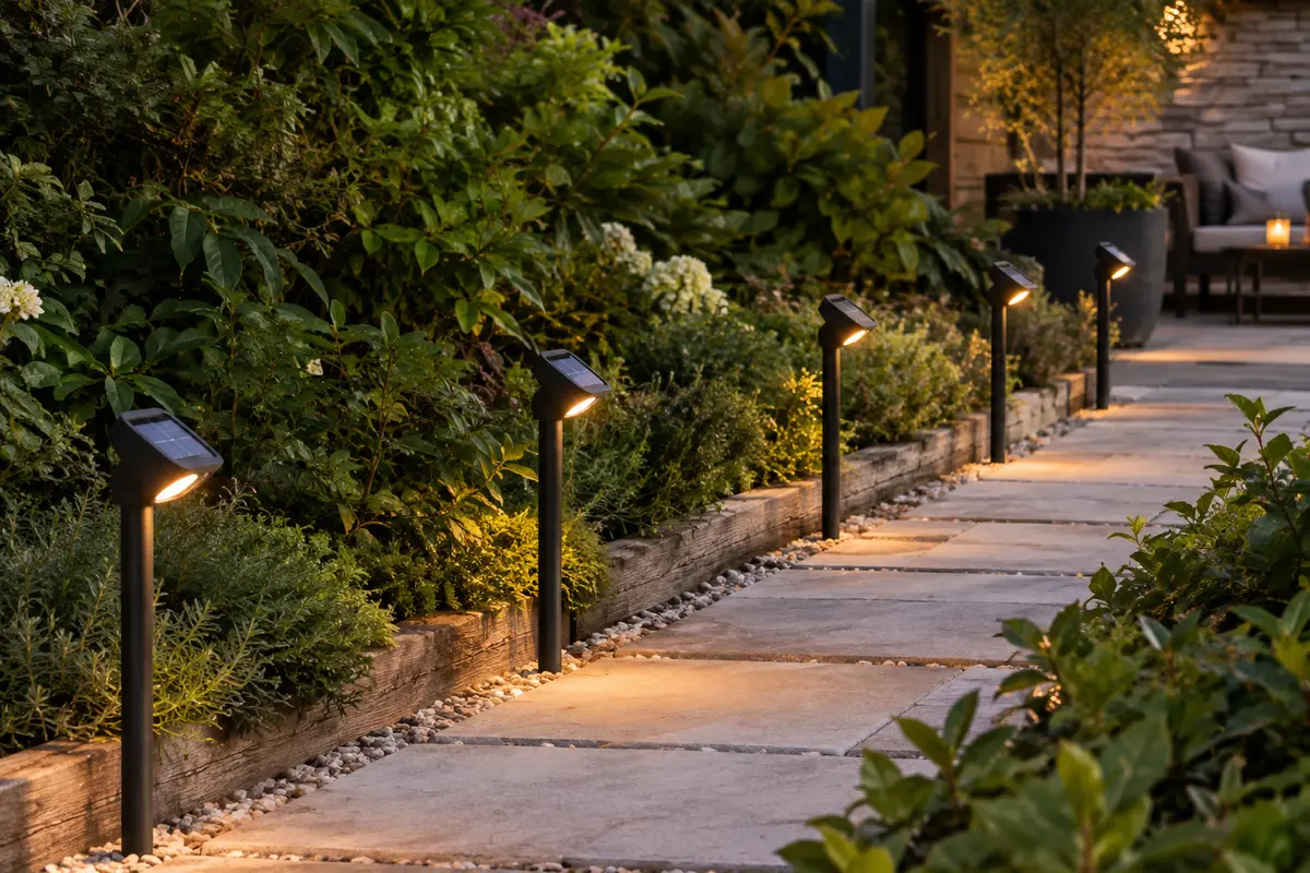 Six bornes solaires noires orientables balisent une allée de pierre dans un jardin au crépuscule