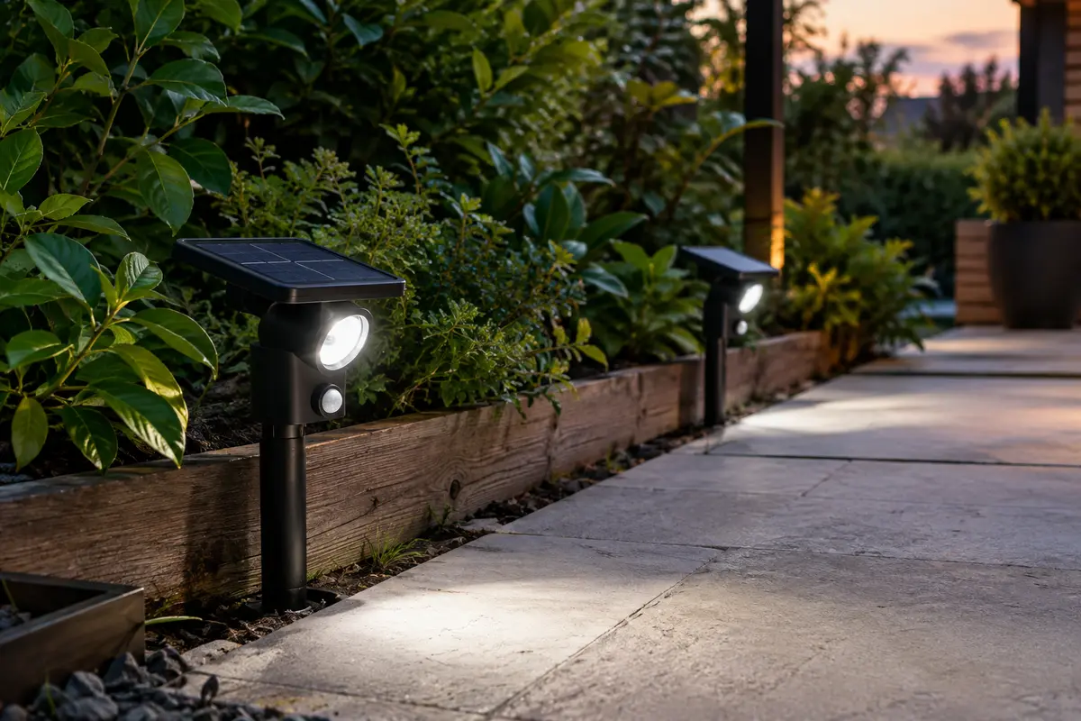 Deux spots solaires noirs avec détecteur éclairent une allée de jardin au crépuscule.