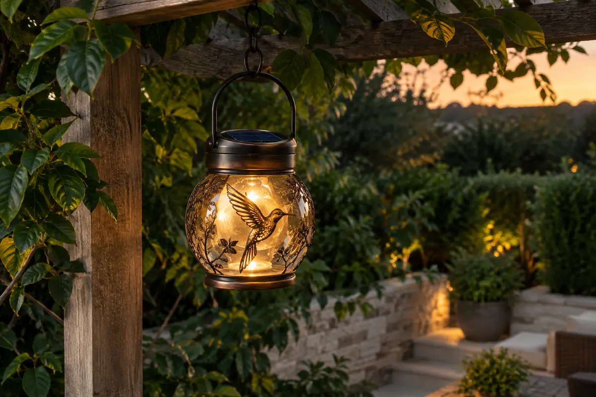Lanterne solaire en verre au fini bronze, motif colibri illuminé en blanc chaud dans un jardin au crépuscule.