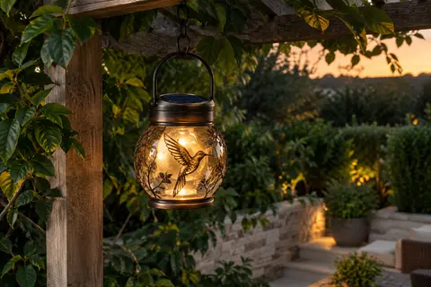 Lanterne solaire en verre au fini bronze, motif colibri illuminé en blanc chaud dans un jardin au crépuscule.