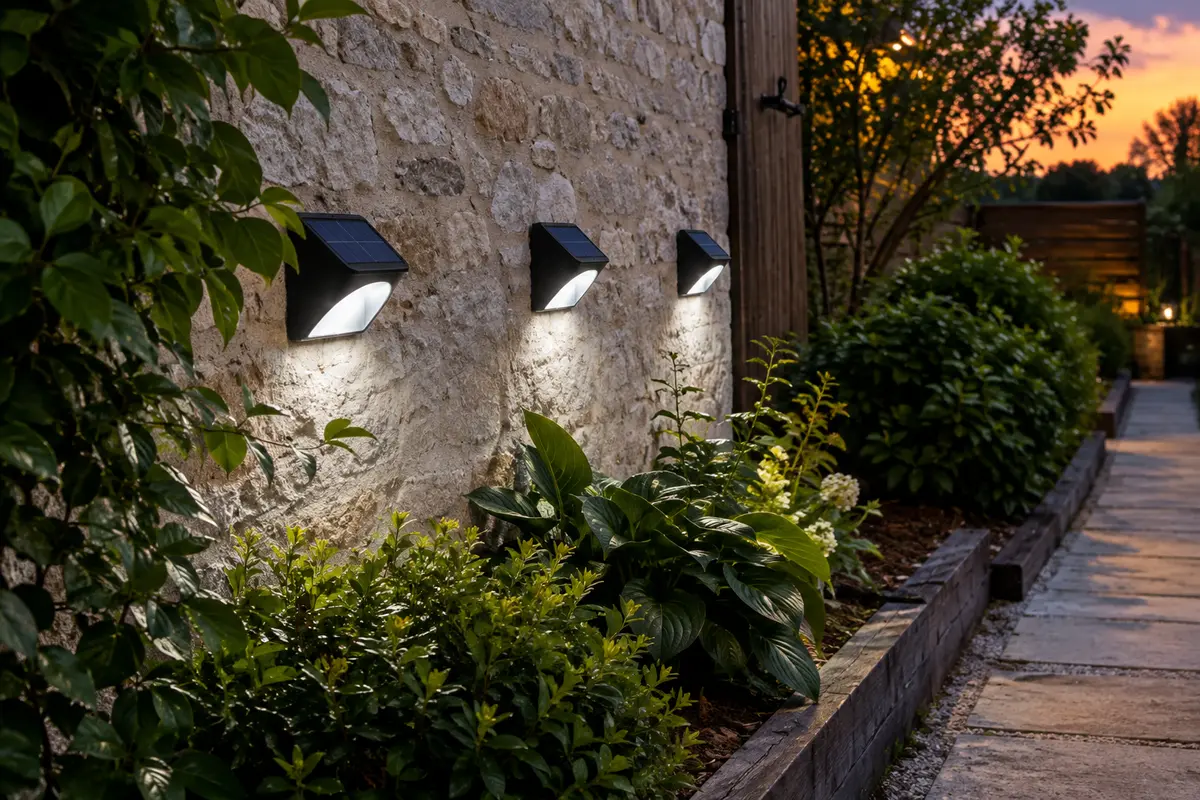 Trois spots solaires muraux Peasur éclairant une allée de jardin au crépuscule