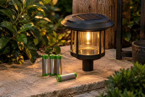 Quatre piles AA rechargeables posées près d’une lampe solaire sur une terrasse de jardin