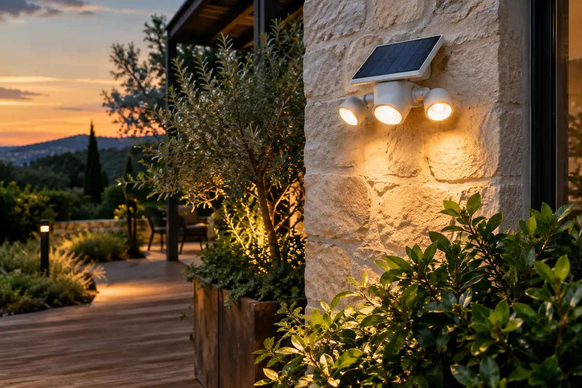 Projecteur solaire blanc à trois têtes orientables éclairant un mur de jardin au crépuscule