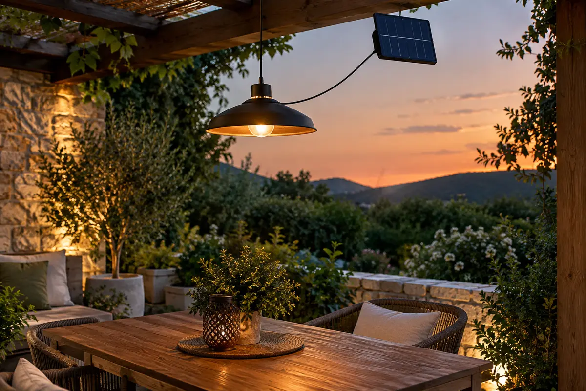 Suspension solaire LED installée sur une terrasse au crépuscule, avec son panneau relié par un câble.