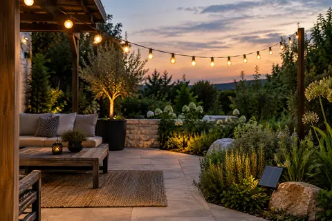Guirlande solaire G40 à lumière chaude suspendue au-dessus d’une terrasse de jardin au crépuscule