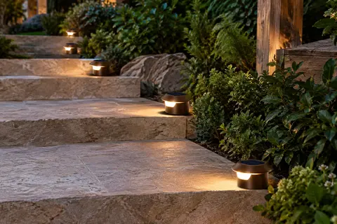 Lampes solaires marron à LED blanc chaud installées sur des marches en pierre dans un jardin au crépuscule