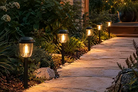 Six bornes solaires à lentille claire diffusent une lumière blanc chaud le long d’un chemin de jardin.