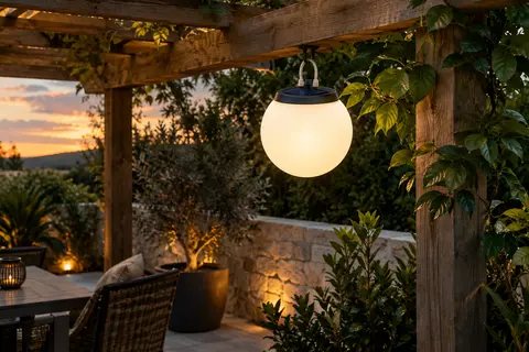 Boule solaire blanche suspendue à une pergola en bois sur une terrasse au crépuscule