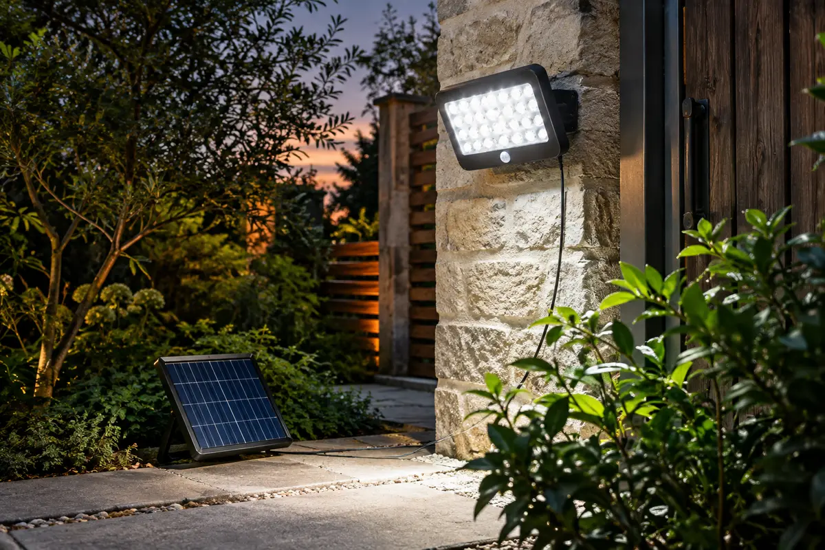 Applique solaire noire à détecteur éclairant un passage de jardin, avec panneau solaire déporté