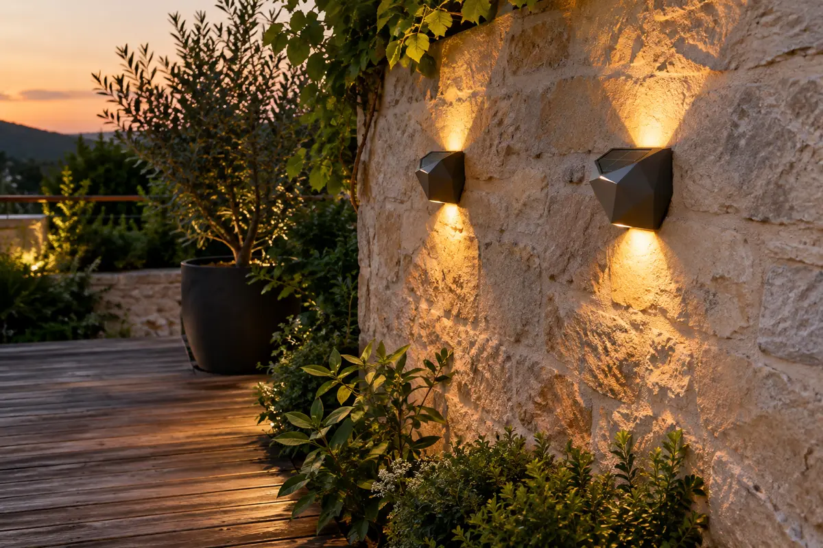 Deux appliques solaires facettées éclairent vers le haut et le bas un mur de pierre au crépuscule.