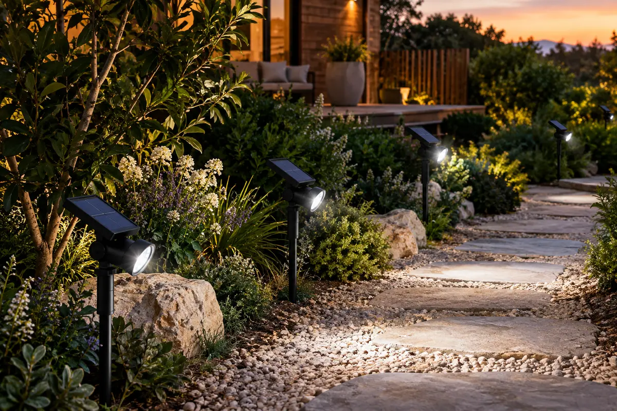 Quatre spots solaires à piquer éclairent une allée de jardin au crépuscule