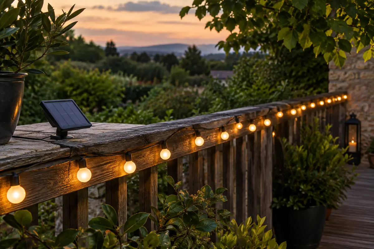 Guirlande solaire à LED blanc chaud installée sur une rambarde en bois dans un jardin au crépuscule.