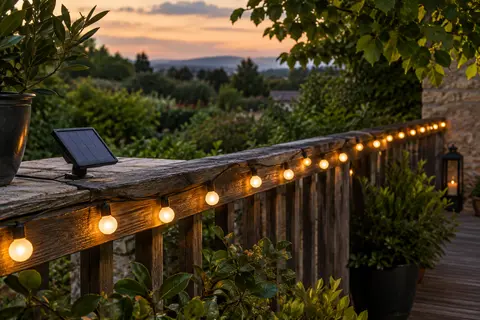 Guirlande solaire à LED blanc chaud installée sur une rambarde en bois dans un jardin au crépuscule.