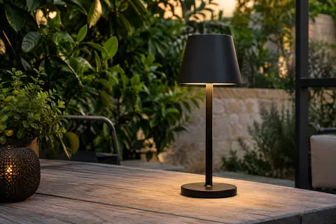 Lampe de table solaire noire posée sur une terrasse en bois, entourée de feuillages au crépuscule.
