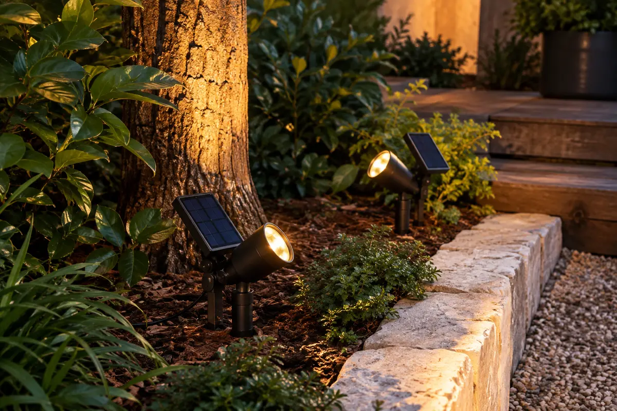 Deux spots solaires orientables éclairent un arbre et une bordure de jardin d’une lumière chaude au crépuscule.