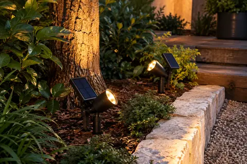 Deux spots solaires orientables éclairent un arbre et une bordure de jardin d’une lumière chaude au crépuscule.
