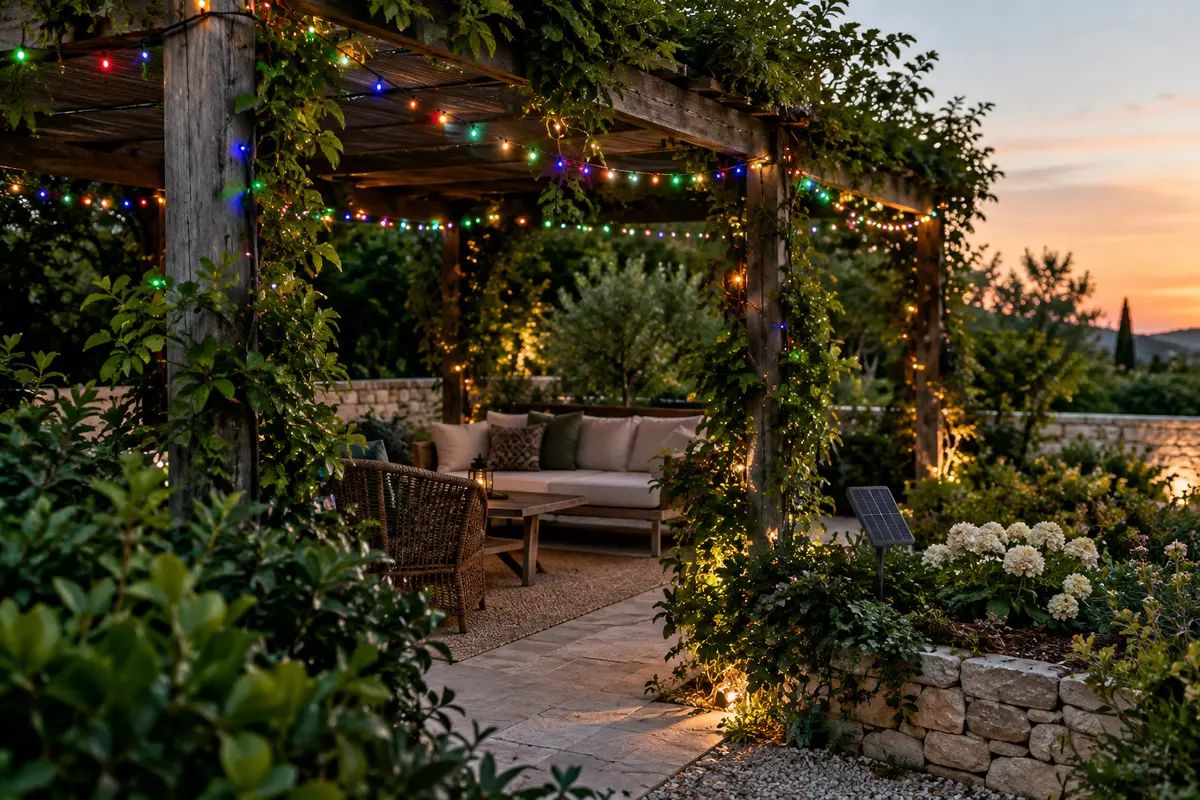 Guirlande solaire multicolore installée sur une pergola au crépuscule, avec son panneau solaire près des feuillages