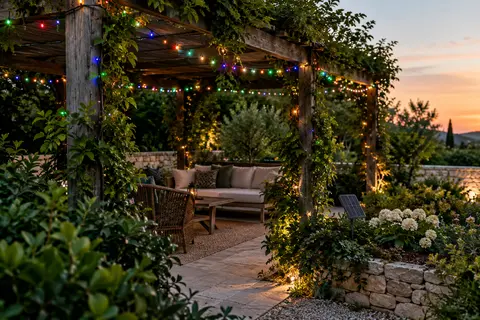 Guirlande solaire multicolore installée sur une pergola au crépuscule, avec son panneau solaire près des feuillages