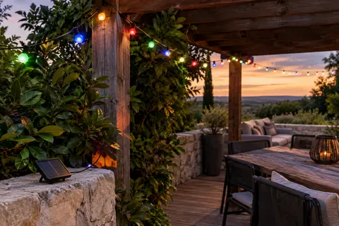Guirlande solaire multicolore suspendue au-dessus d’une terrasse au crépuscule