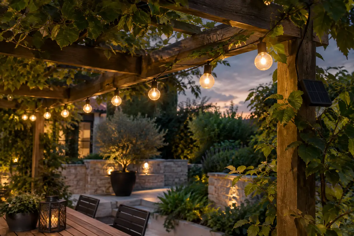 Guirlande solaire G40 à lumière blanc chaud suspendue sur une pergola au crépuscule.