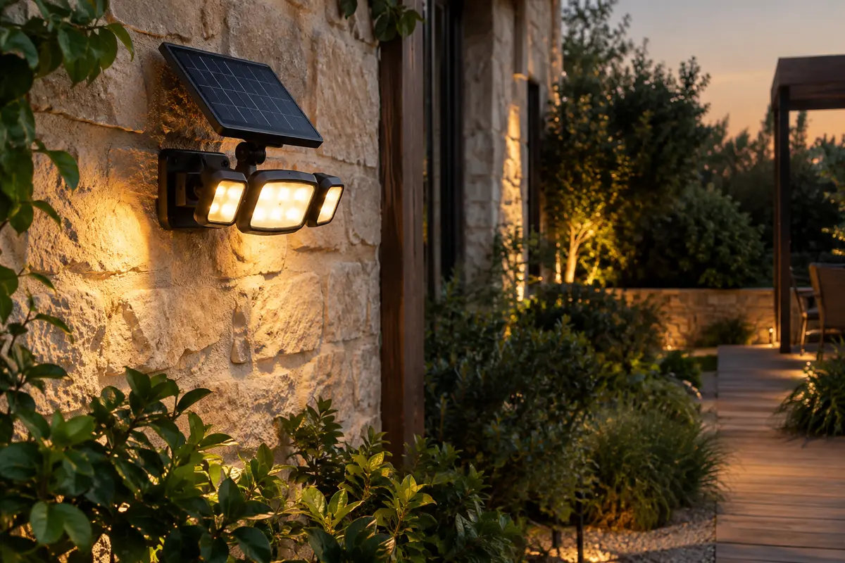 Projecteur solaire noir à têtes orientables fixé sur un mur de jardin au crépuscule