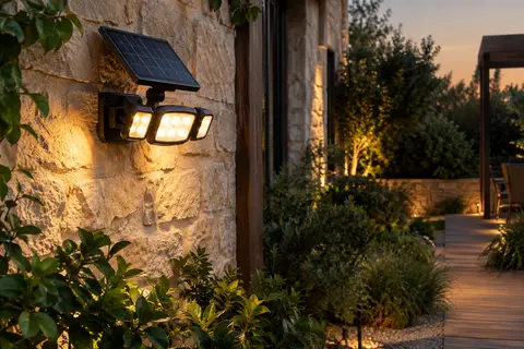 Projecteur solaire noir à têtes orientables fixé sur un mur de jardin au crépuscule