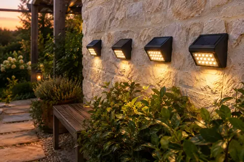 Quatre projecteurs solaires muraux à LED installés près d’une allée de jardin au crépuscule.