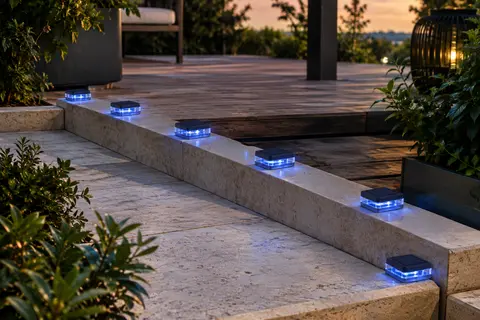 Six balises solaires bleues posées sur des marches en pierre dans un jardin au crépuscule.