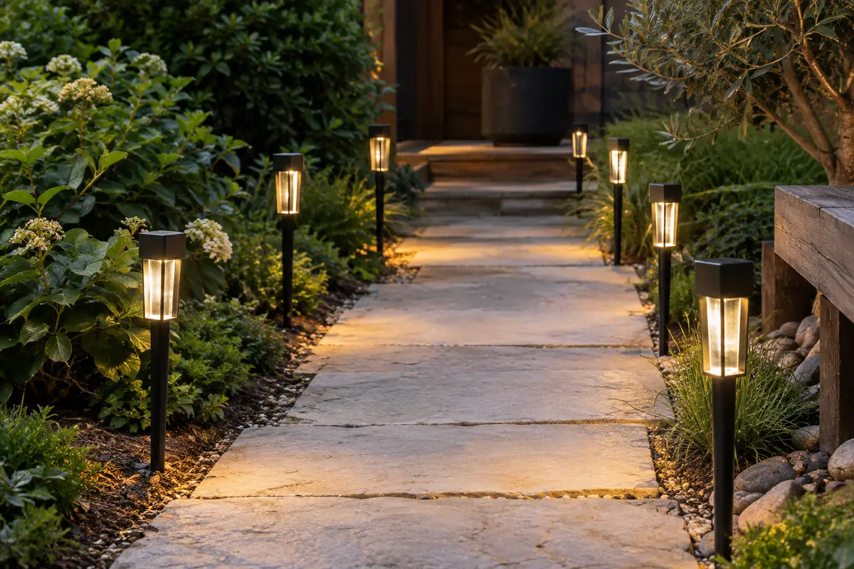 Huit bornes solaires noires à lumière blanc chaud alignées le long d’une allée de jardin
