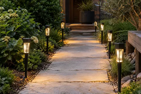 Huit bornes solaires noires à lumière blanc chaud alignées le long d’une allée de jardin