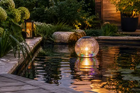 Lampe solaire flottante multicolore sur un bassin de jardin au crépuscule, entourée de feuillages.