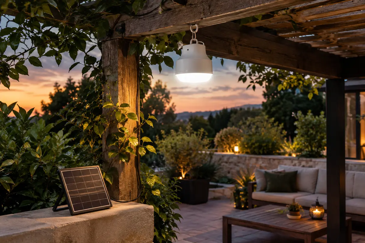 Lampe solaire suspendue blanche sous une pergola, avec son panneau solaire séparé posé à proximité.