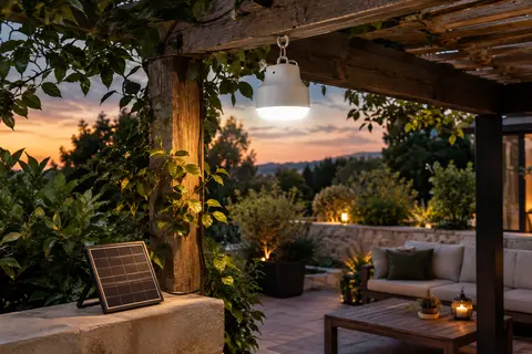 Lampe solaire suspendue blanche sous une pergola, avec son panneau solaire séparé posé à proximité.