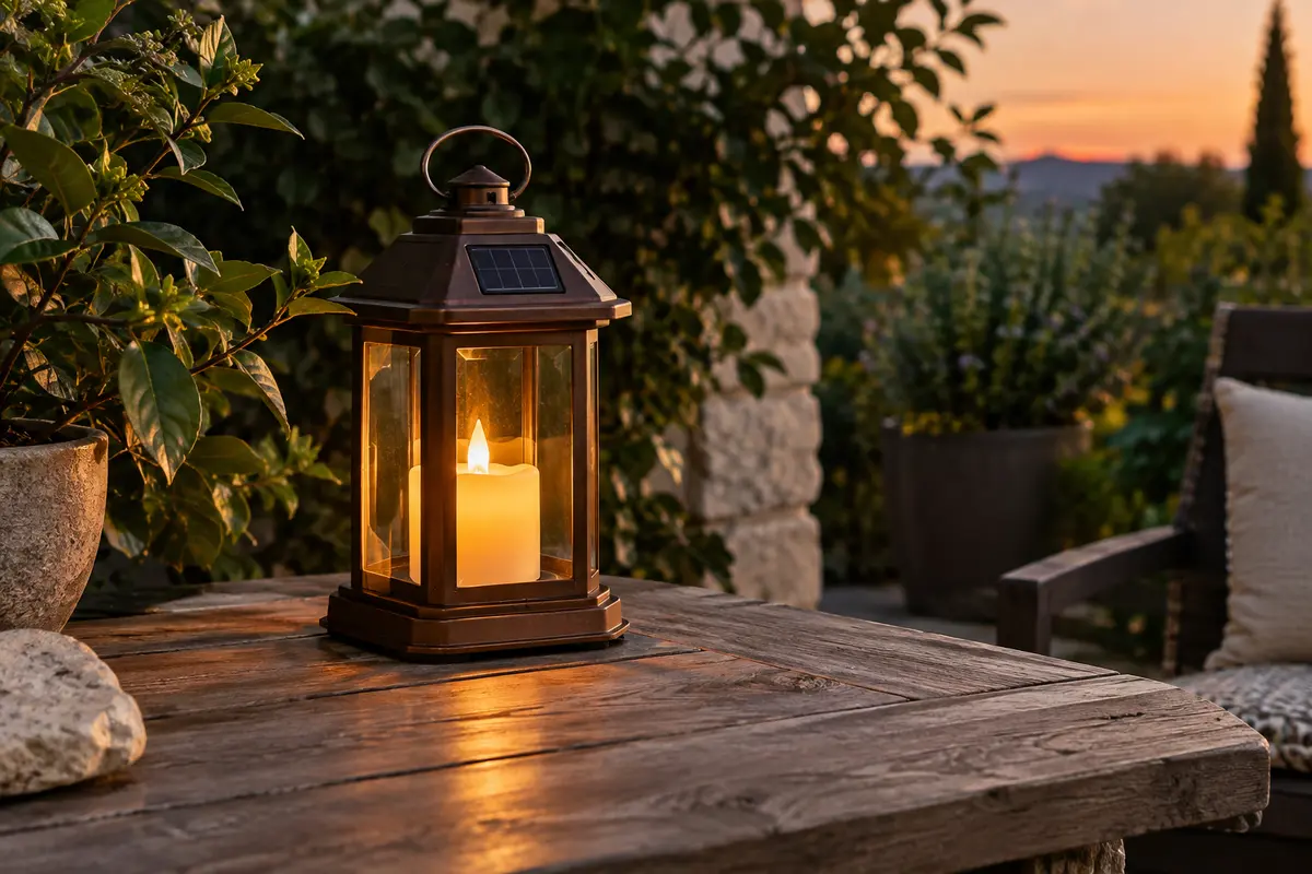 Lanterne solaire bronze avec bougie LED vacillante posée sur une table de terrasse au crépuscule