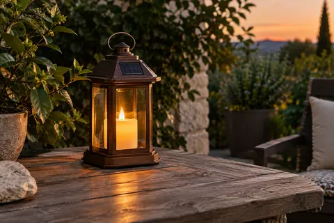 Lanterne solaire bronze avec bougie LED vacillante posée sur une table de terrasse au crépuscule