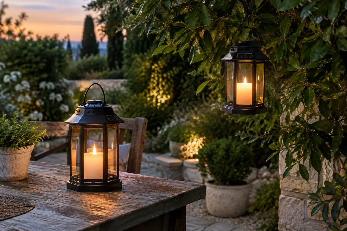 Deux lanternes solaires noires à bougie vacillante, posée et suspendue dans un jardin au crépuscule.