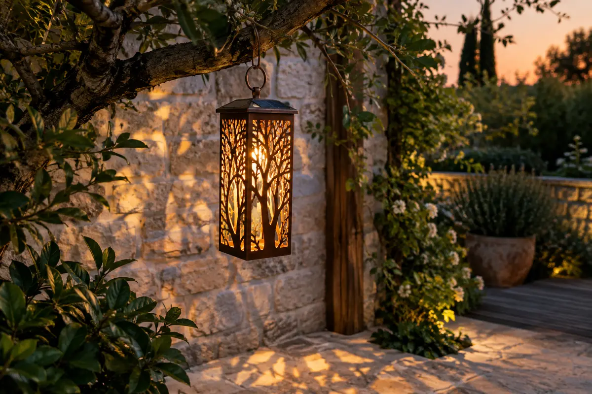 Lanterne solaire en métal cuivré suspendue dans un jardin, projetant des motifs d’arbres au crépuscule