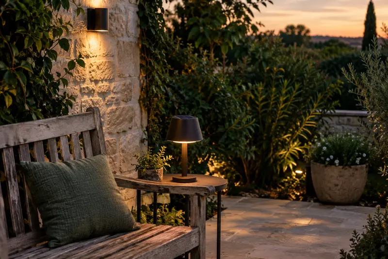 Luminaires solaires sur une terrasse, près d’un mur de pierre et de végétation