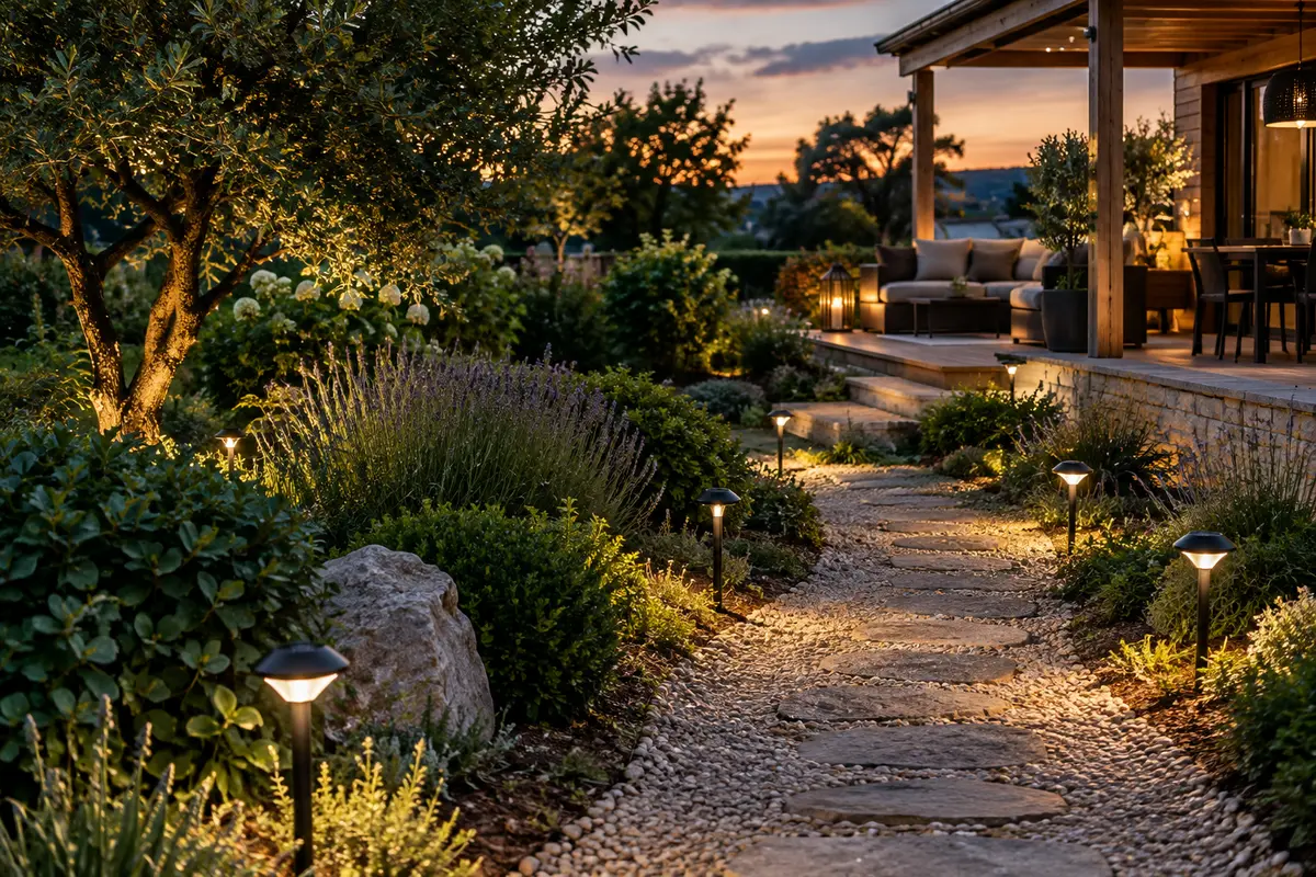 Éclairage solaire de jardin au crépuscule, entre végétation, chemin de pierre et terrasse